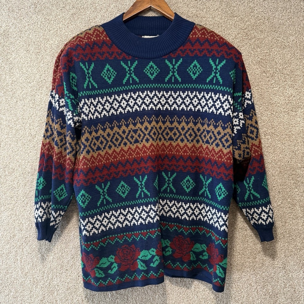 VTG 90s Victoria Jones Knit Sweater Plus Size 2x Fair Isle Rose Shoulder Pads